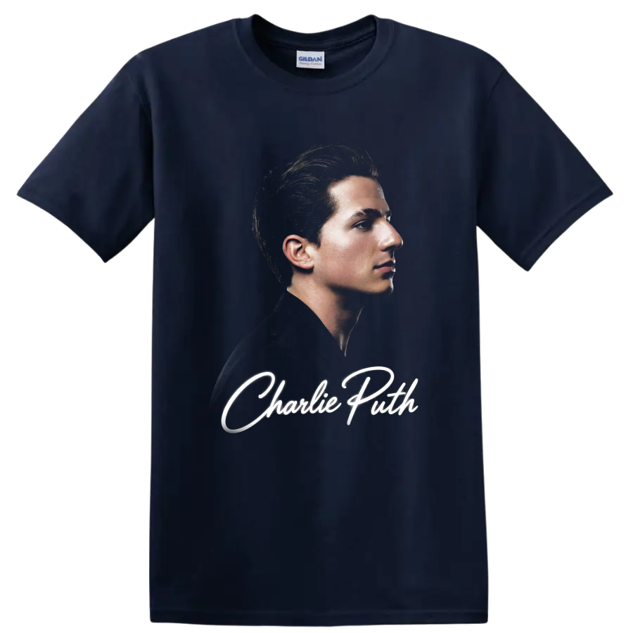 Charlie Puth side-profile portrait with white script lettering on a Navy (Blue) T Shirt