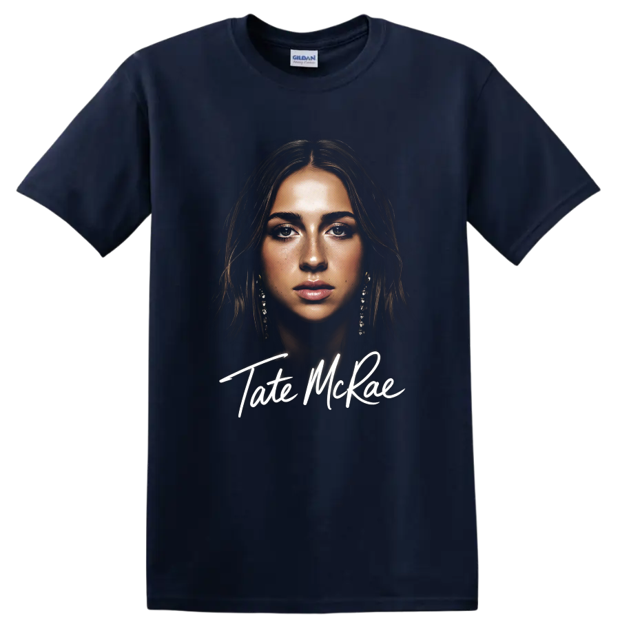 Tate McRae portrait digital fan art with white script lettering on a Navy (Blue) T Shirt