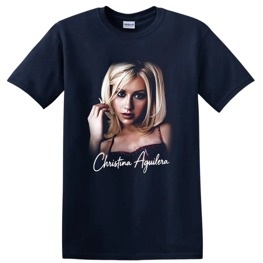 Christina Aguilera portrait autograph poster graphic with name text on a Navy (Blue) T Shirt