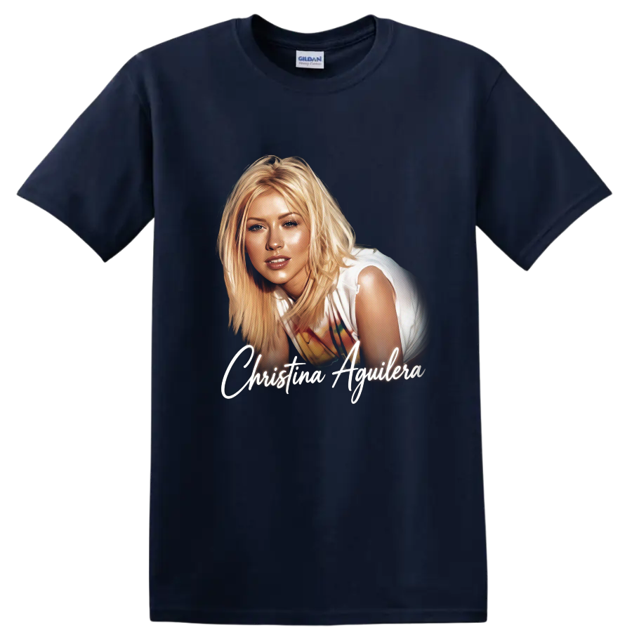 Christina Aguilera signed pop-art portrait with white script lettering on a Navy (Blue) T Shirt