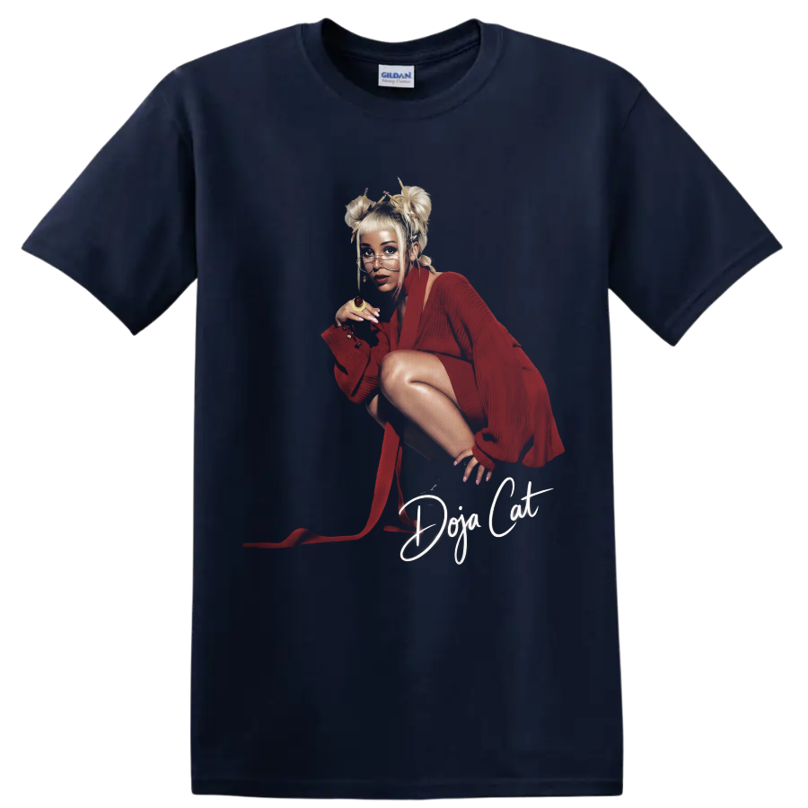 Doja Cat red pop star portrait fan art with white script lettering on a Navy (Blue) T Shirt