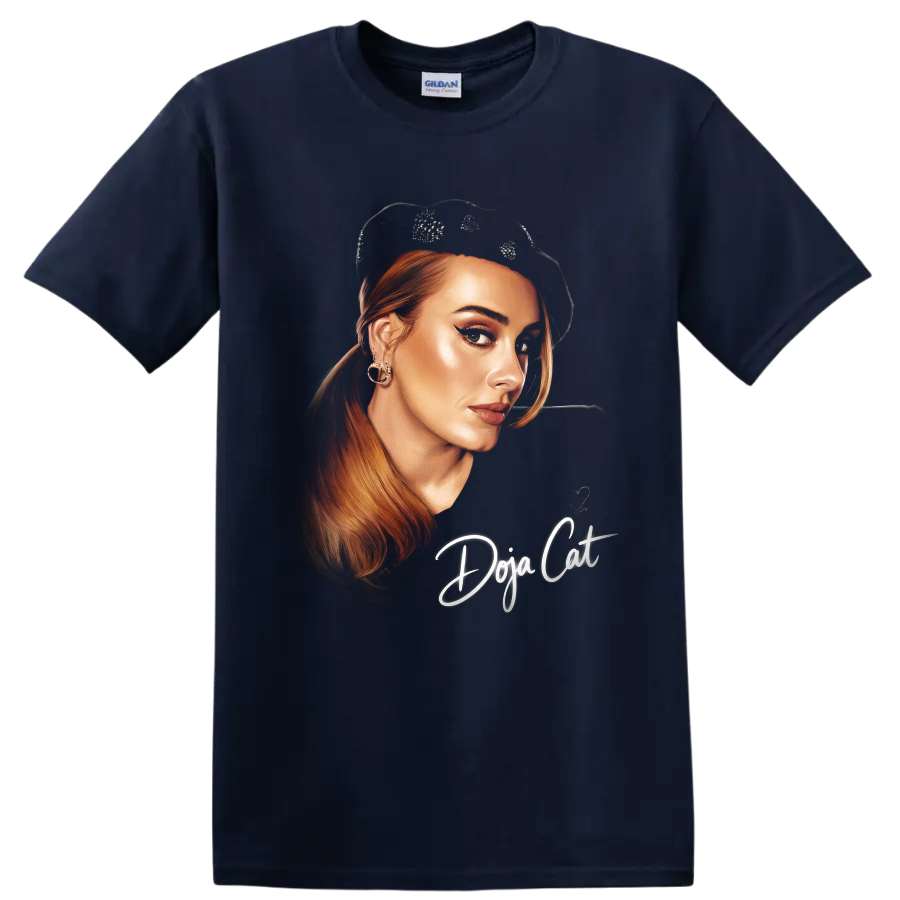 Doja Cat digital portrait with red hair, black beret, and script lettering on a Navy (Blue) T Shirt