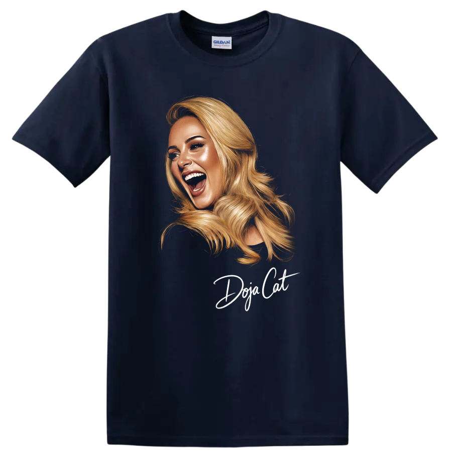 Doja Cat digital portrait with blonde hair and handwritten name lettering on a Navy (Blue) T Shirt