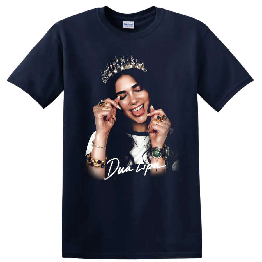 Dua Lipa crowned artistic portrait with jewelry and bold script on a Navy (Blue) T Shirt
