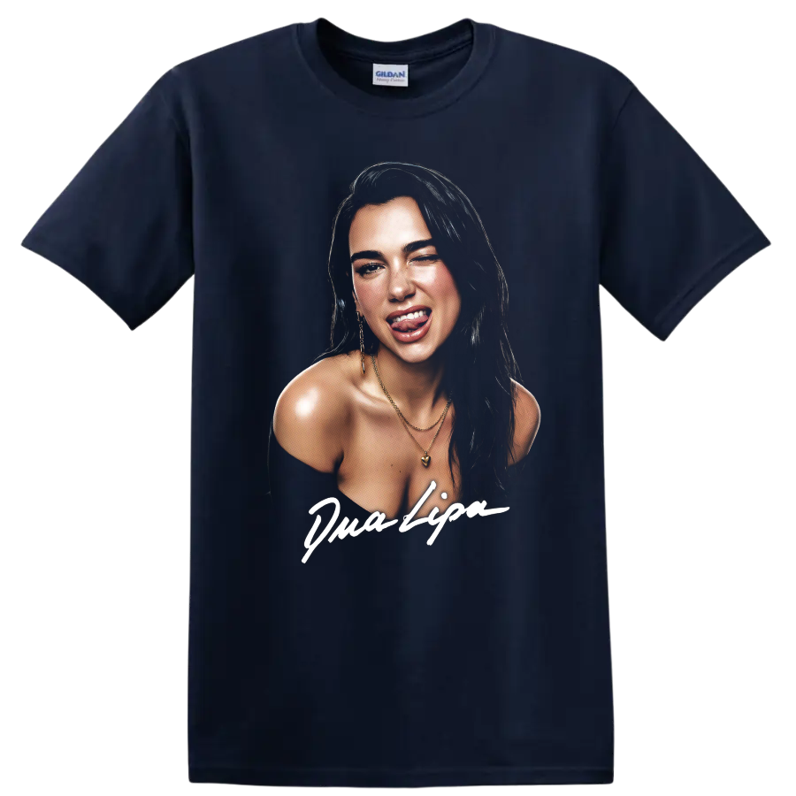 Dua Lipa digital art portrait with bold white script lettering on a Navy (Blue) T Shirt