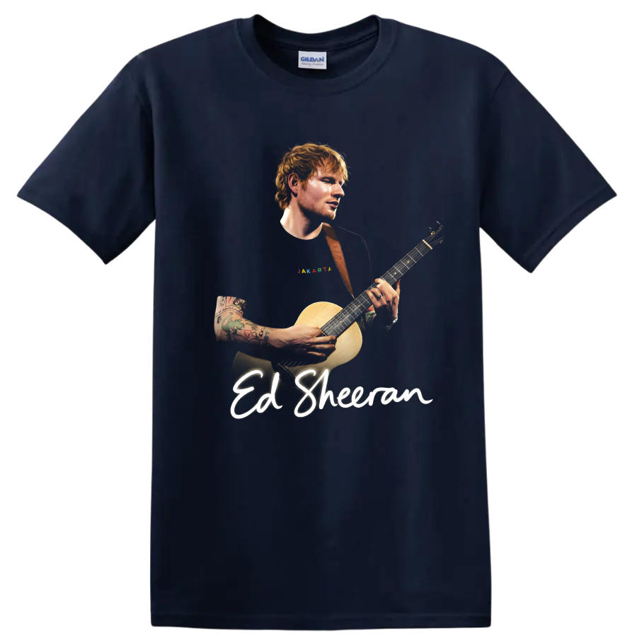 Ed Sheeran playing acoustic guitar with script name lettering on a Navy (Blue) T Shirt