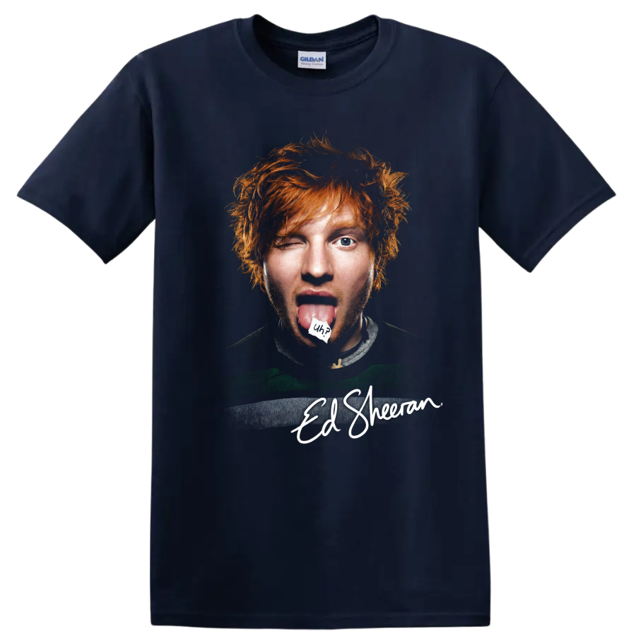 Ed Sheeran mixed-media portrait with signature-style name graphic on a Navy (Blue) T Shirt