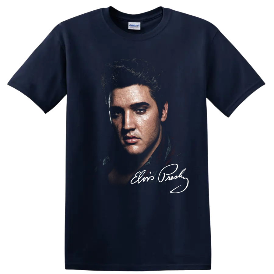 Elvis Presley vintage pencil-style portrait with signature accent on a Navy (Blue) T Shirt