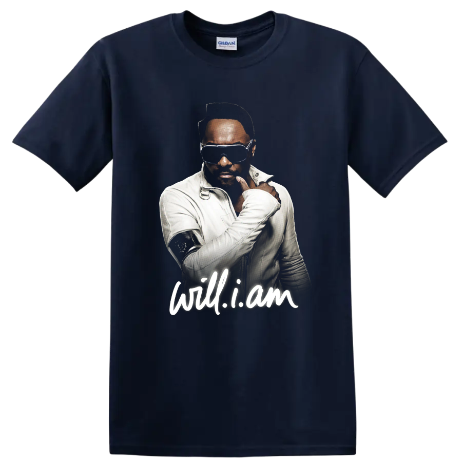 will.i.am portrait graphic with sunglasses and white will.i.am script on a Navy (Blue) T Shirt