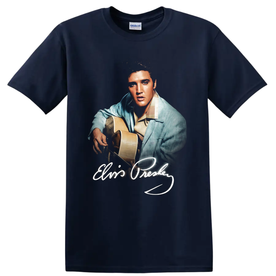 Elvis Presley guitar portrait pop-art design with signature on a Navy (Blue) T Shirt