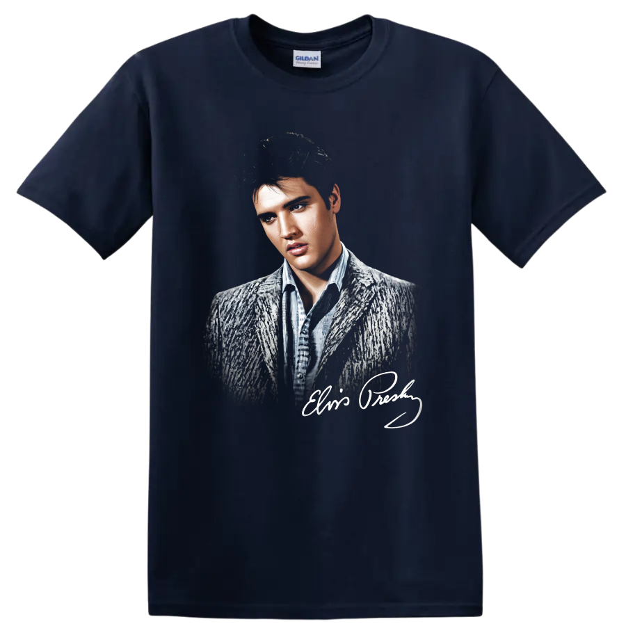Monochrome Elvis Presley portrait with signature-style graphic on a Navy (Blue) T Shirt