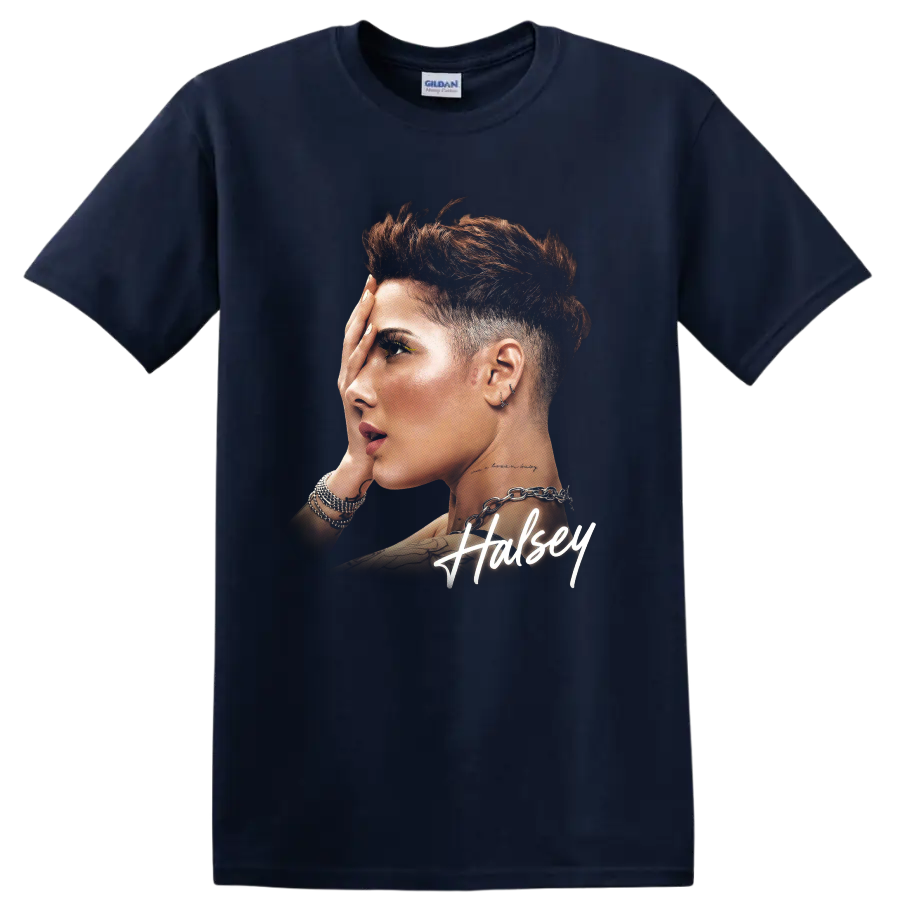 Halsey singer portrait graphic print with white signature lettering on a Navy (Blue) T Shirt