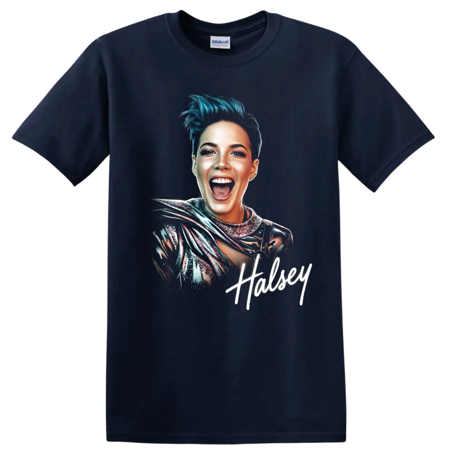 Halsey pop-art portrait with teal hair and handwritten signature on a Navy (Blue) T Shirt