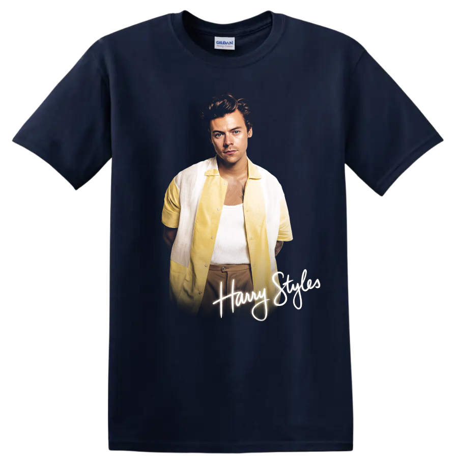 Harry Styles portrait with handwritten Harry Styles lettering on a Navy (Blue) T Shirt