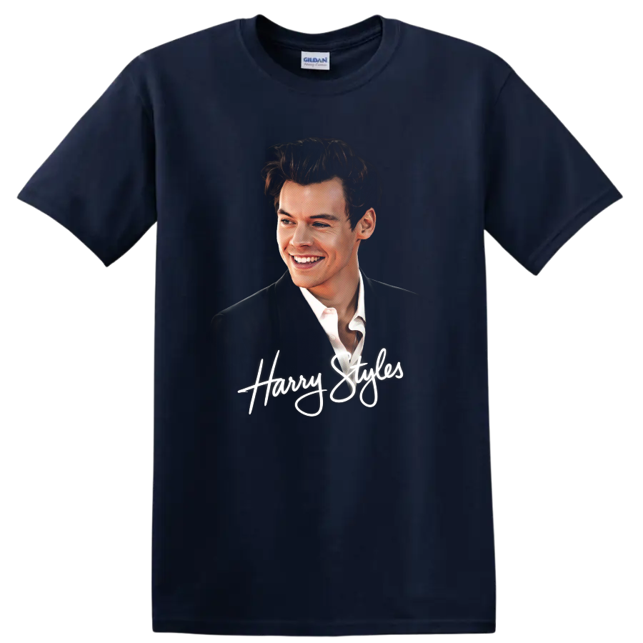 Harry Styles watercolor-style portrait with white script lettering on a Navy (Blue) T Shirt