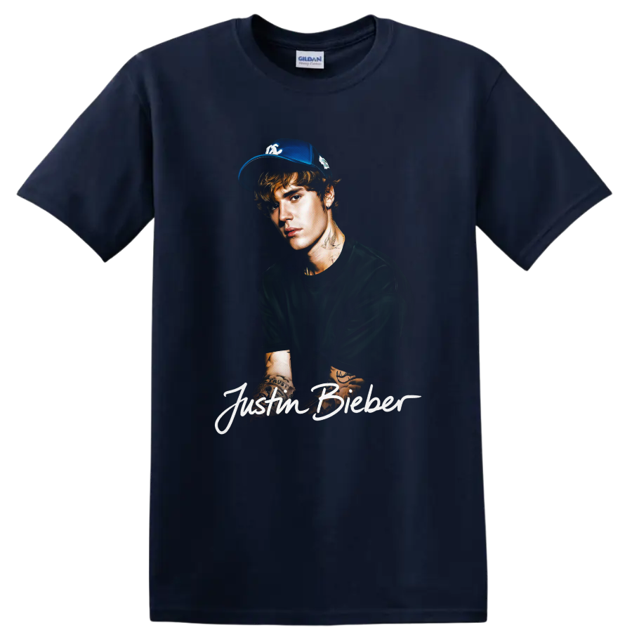 Justin Bieber portrait fan-art sketch with script lettering on a Navy (Blue) T Shirt