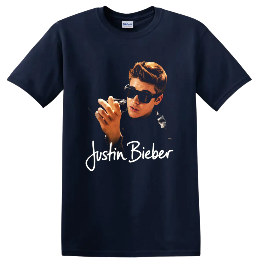 Justin Bieber portrait graphic with sunglasses and white script text on a Navy (Blue) T Shirt
