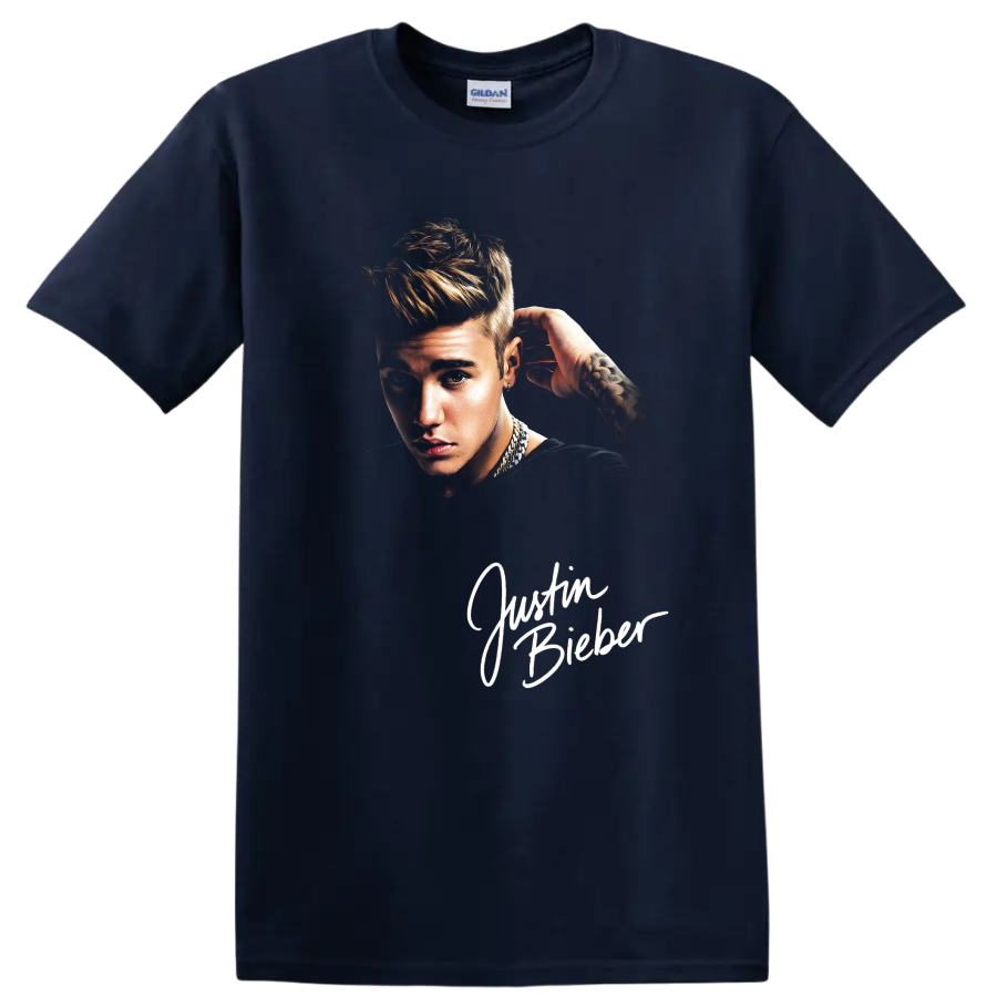 Justin Bieber portrait in pencil-drawing fan-art style on a Navy (Blue) T Shirt