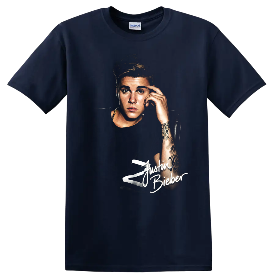 Justin Bieber portrait graphic with white signature-style text on a Navy (Blue) T Shirt