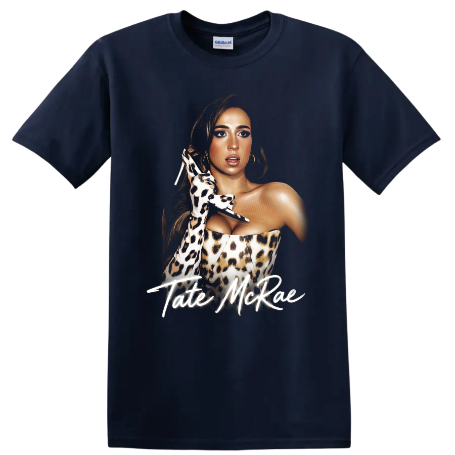 Tate McRae leopard-print pop artist portrait with handwritten name on a Navy (Blue) T Shirt