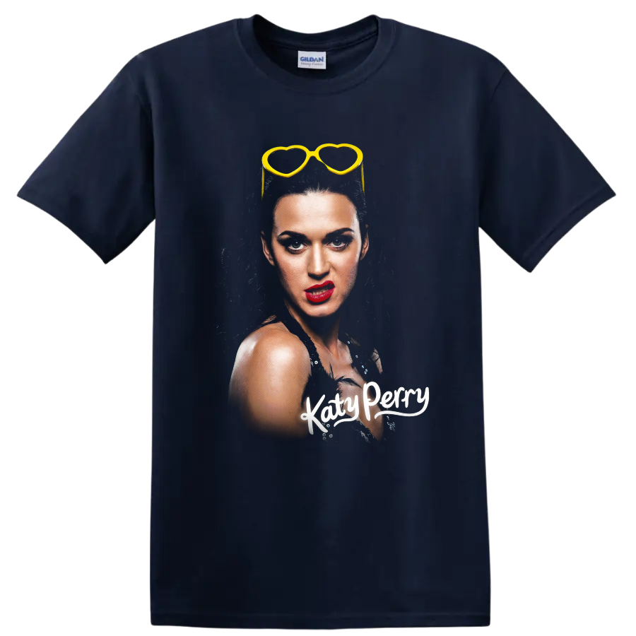 Katy Perry portrait graphic with yellow heart-shaped sunglasses on a Navy (Blue) T Shirt