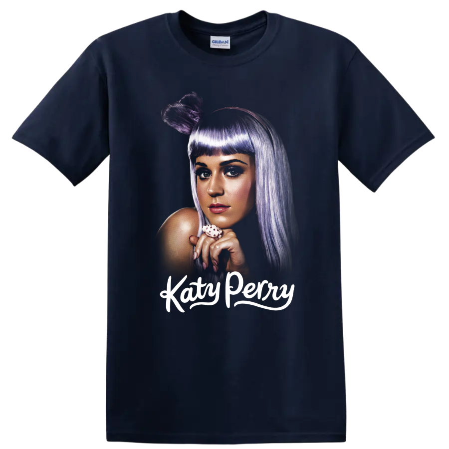 Stylized Katy Perry portrait with purple hair and white Katy Perry text on a Navy (Blue) T Shirt