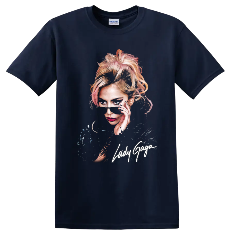 Lady Gaga pop-art portrait with handwritten Lady Gaga lettering on a Navy (Blue) T Shirt