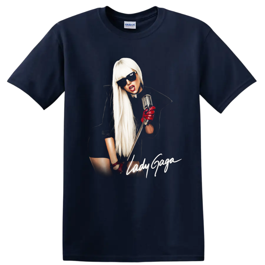 Lady Gaga pop art portrait with microphone, sunglasses, and script text on a Navy (Blue) T Shirt