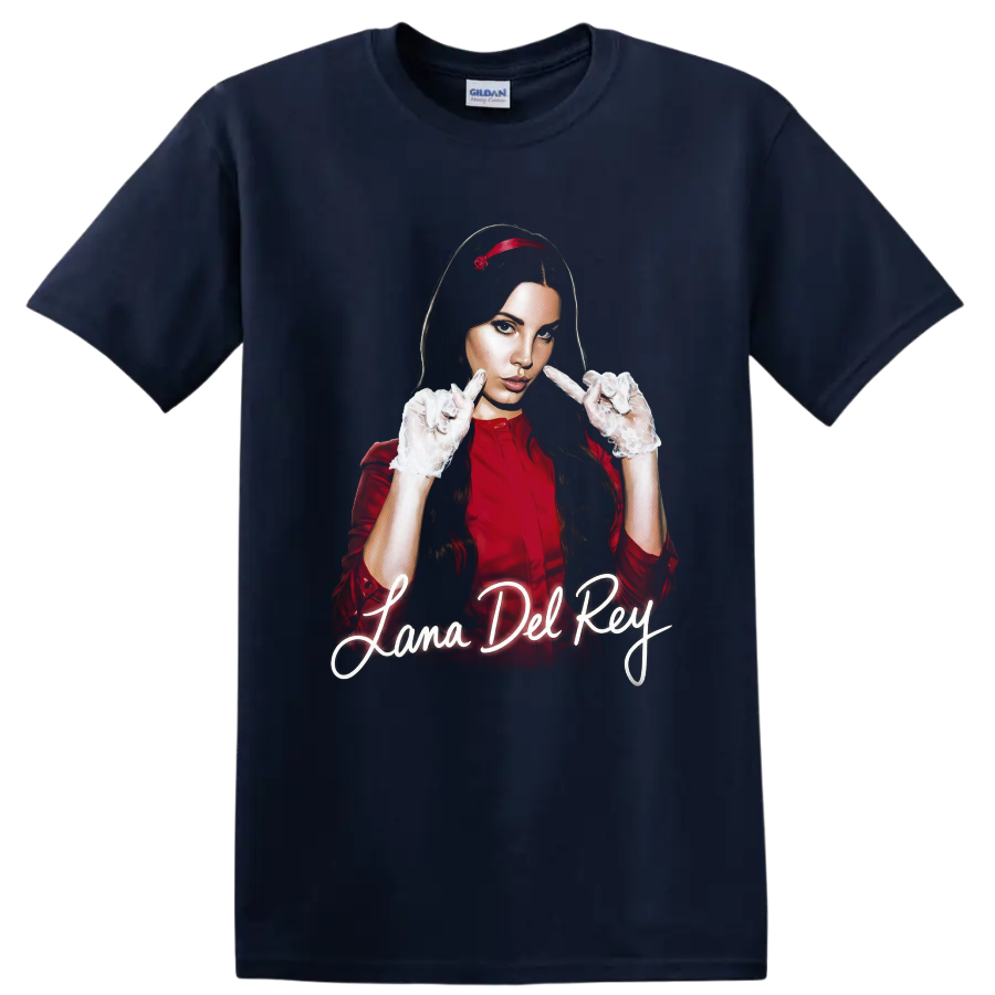 Lana Del Rey digital fan-art portrait with glowing script text on a Navy (Blue) T Shirt