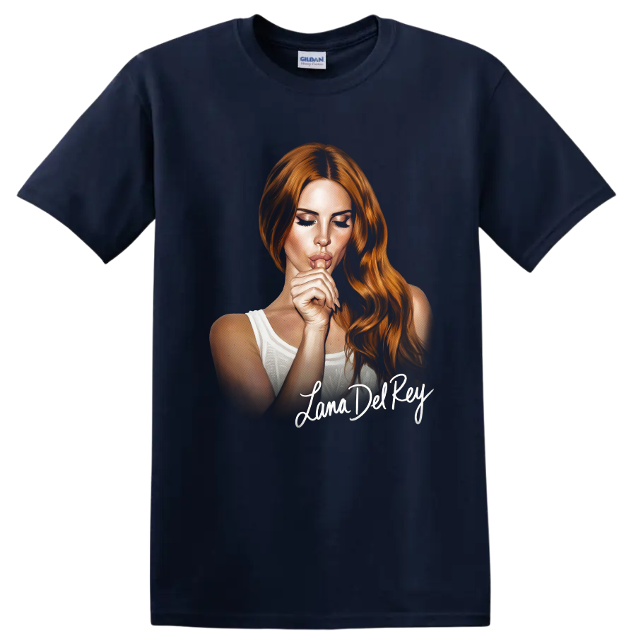 Lana Del Rey digital portrait fan art with white script lettering on a Navy (Blue) T Shirt