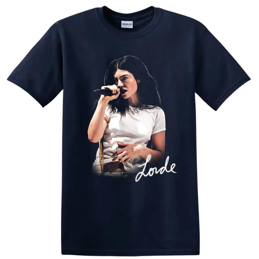 Lorde singer portrait performing with a microphone and signature on a Navy (Blue) T Shirt