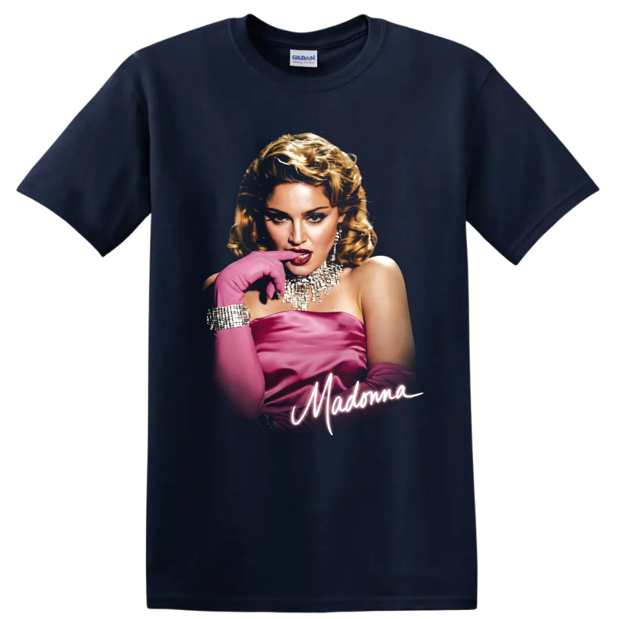 Madonna Material Girl era pink glamour portrait with script lettering on a Navy (Blue) T Shirt