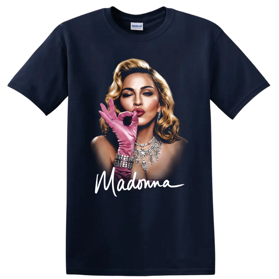 Madonna pop art portrait with pink glove and script lettering on a Navy (Blue) T Shirt