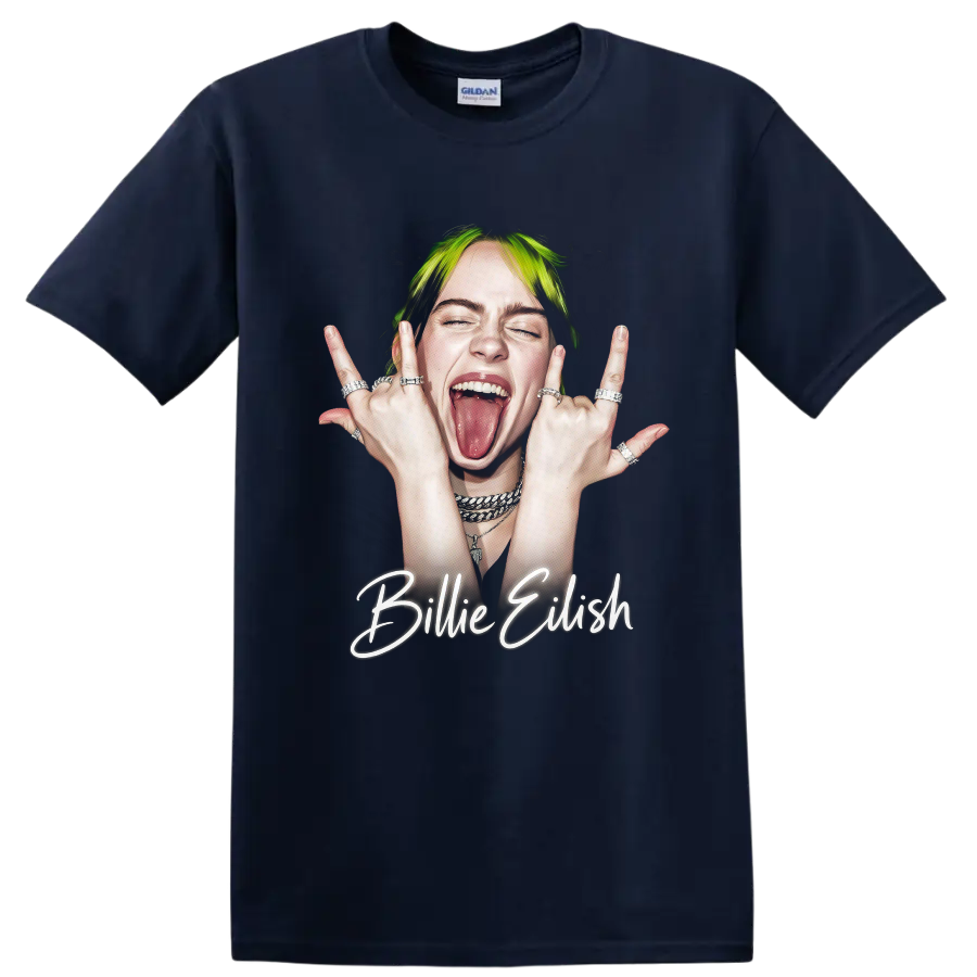 Billie Eilish neon pop art portrait with glowing script lettering on a Navy (Blue) T Shirt