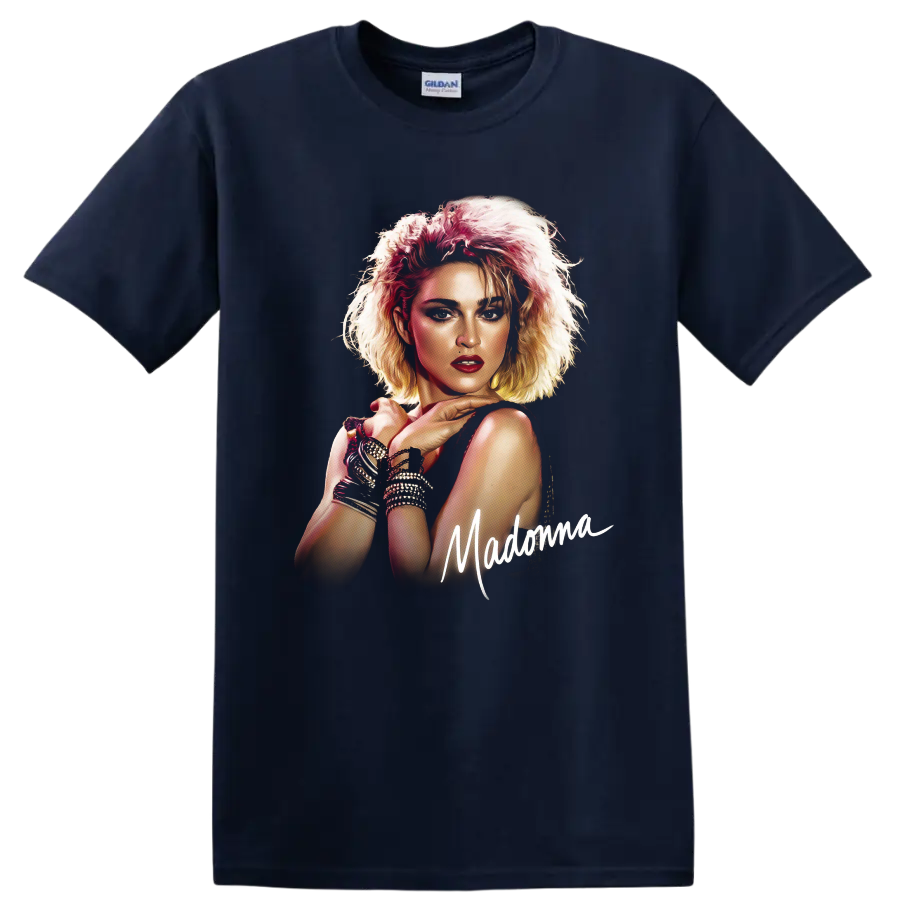 Madonna Like a Virgin pop art portrait with handwritten Madonna lettering on a Navy (Blue) T Shirt