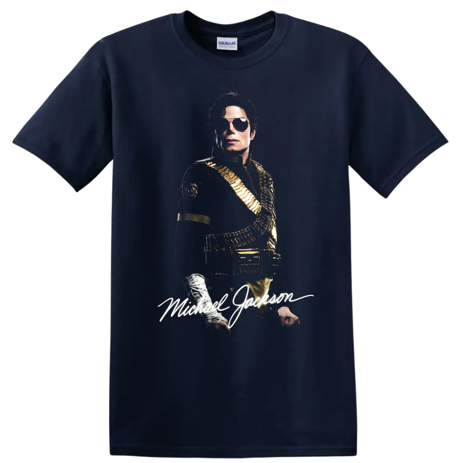 Michael Jackson Dangerous era portrait graphic with signature lettering on a Navy (Blue) T Shirt