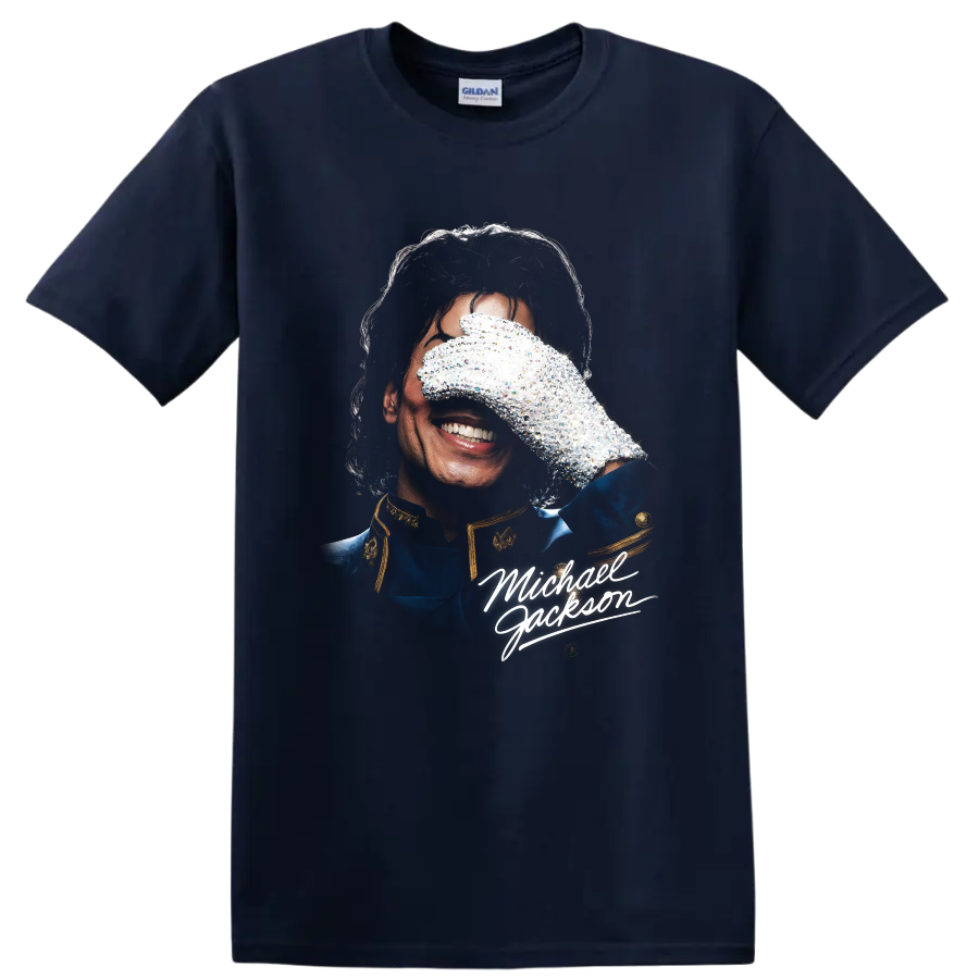 Michael Jackson portrait with signature glove and white script graphic on a Navy (Blue) T Shirt