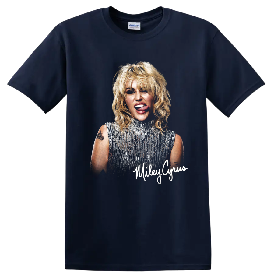 Miley Cyrus portrait with silver sequin top and signature-style name on a Navy (Blue) T Shirt