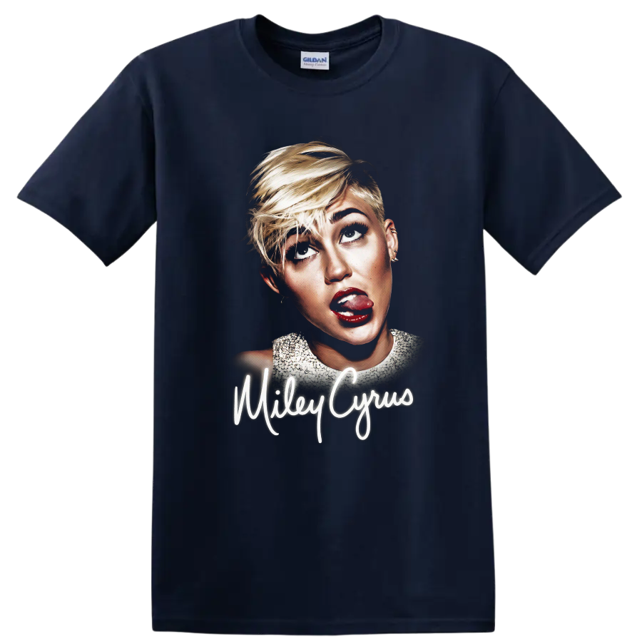 Miley Cyrus Bangerz-era portrait graphic with script name on a Navy (Blue) T Shirt