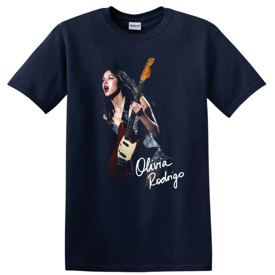 Olivia Rodrigo performing with red electric guitar and handwritten name design on a Navy (Blue) T Shirt