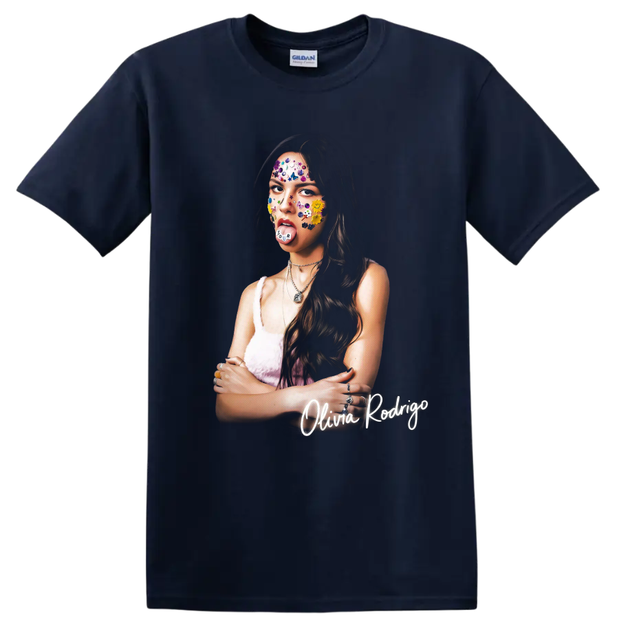 Olivia Rodrigo colorful SOUR-inspired portrait graphic with sticker details on a Navy (Blue) T Shirt