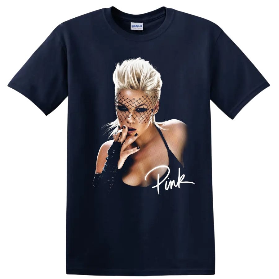 P!nk pop star portrait with aerial performer styling on a Navy (Blue) T Shirt