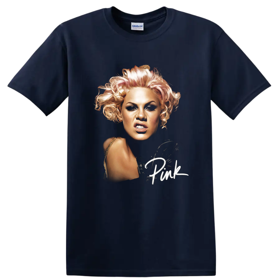 P!nk comic-book-style portrait with handwritten Pink script lettering on a Navy (Blue) T Shirt