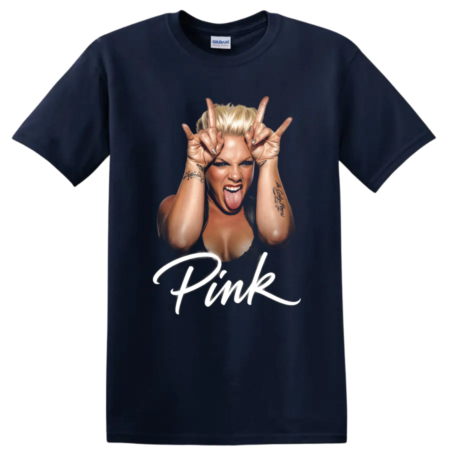 P!nk portrait graphic with raised rock hand gestures and white script on a Navy (Blue) T Shirt