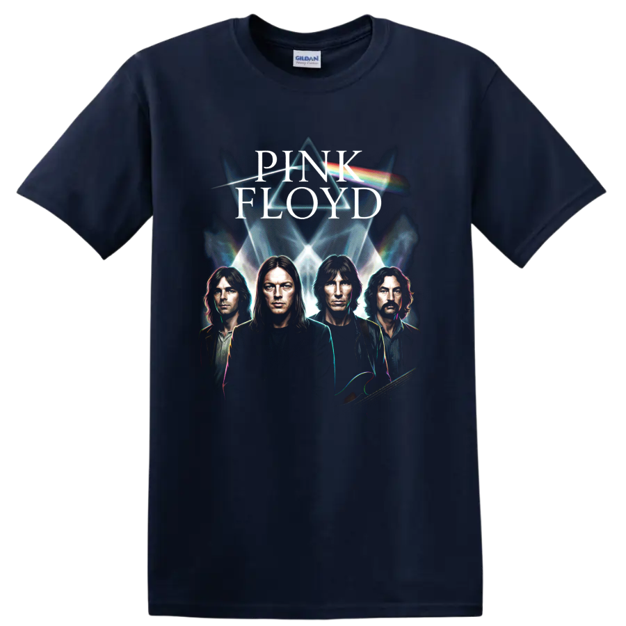 Pink Floyd Dark Side prism graphic with band portraits and rainbow light on a Navy (Blue) T Shirt
