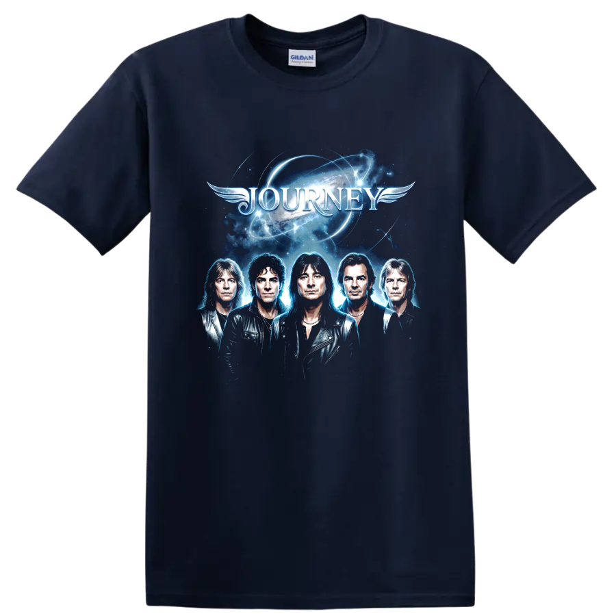 Journey classic rock band portraits with winged cosmic logo on a Navy (Blue) T Shirt