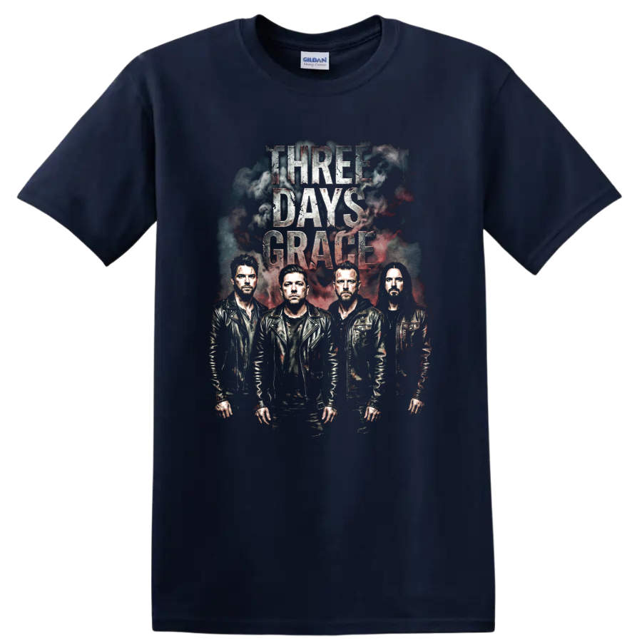 Three Days Grace vintage rock band graphic with four portraits and distressed lettering on a Navy (Blue) T Shirt