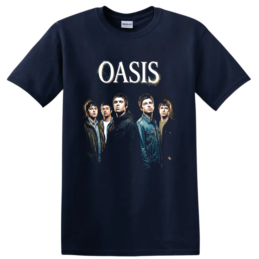 Oasis band portrait with Liam Gallagher and large OASIS lettering on a Navy (Blue) T Shirt