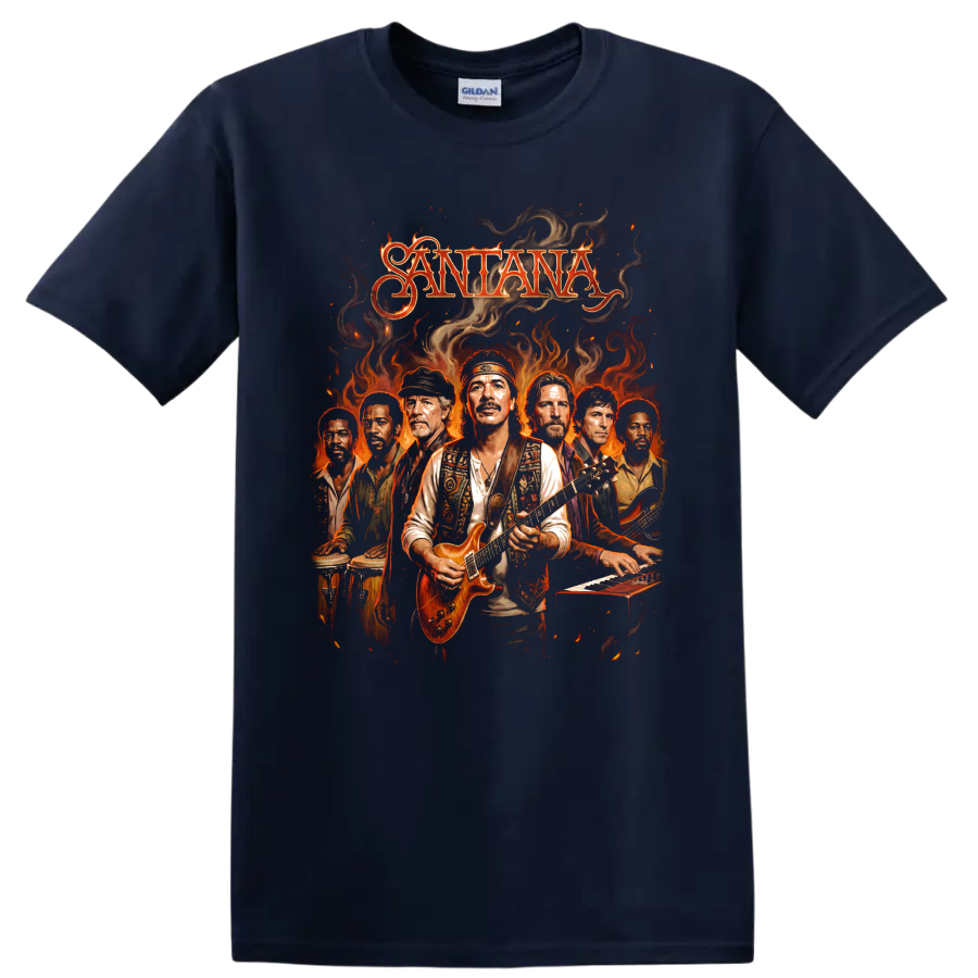Carlos Santana and Santana Latin rock band with electric guitar and flames on a Navy (Blue) T Shirt