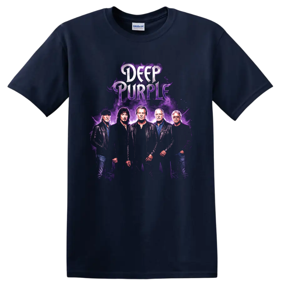 Deep Purple band poster with purple smoke and distressed lettering on a Navy (Blue) T Shirt